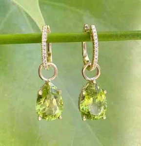 3Ct Pear Lab Created Green Peridot Drop Dangle Earrings 14k Yellow Gold Plated - Picture 1 of 5