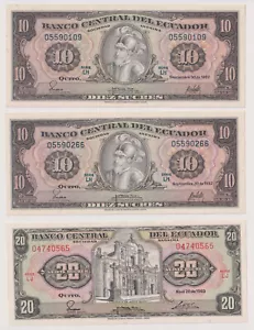 D9906: (3) Banconote Ecuador anni '80; 10 + 20 Sucres, Gemma CU - Foto 1 di 1