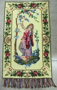ANTIQUE 19C. HAND EMBROIDERY CARPET WALL RUG TAPESTRY WOOL THREAD - Picture 1 of 10