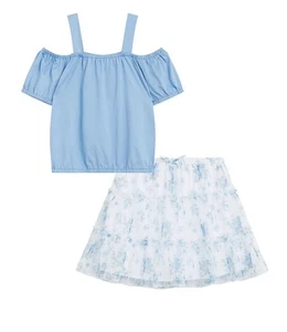 Girl’s Size M Beautees Knit Top and Printed Skirt Set - Blue Floral - Picture 1 of 7