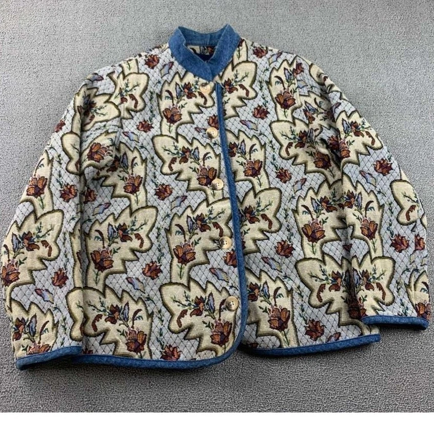 Vintage Denim & Co Jacket Women S Multi Paisley Floral Coat Tapestry Denim Trim - Image 1 of 4