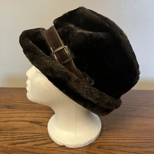 Vtg Men’s Brown Faux Fur Hat w/ Folding Ear Flaps L Quilted 60’s Classic Buckle - Picture 1 of 9