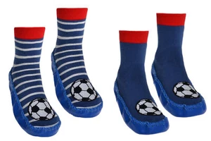 2 pairs Boys Football Design Moccasins - Slip Resist shoe socks - Picture 1 of 3