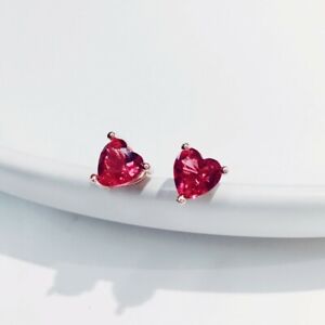 925 Sterling Silver (Gold Plated)  Heart Ruby Stud Earrings UK Seller