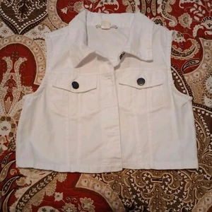 Knit Works Girls Denim Vest Size 10 White Button Front Utility Pockets Western - Picture 1 of 11