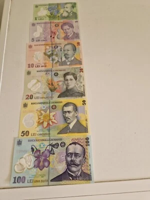 Romania 1 leu UNC+ 5 lei UNC + 10 lei UNC+20 lei UNC+50 lei U+ 100 lei UNC ; lot - Image 1 of 4