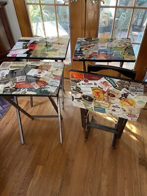 Unique Set Of 4 TV Trays And Stand That Have Been Customized With Liquer Labels - Image 1 of 4