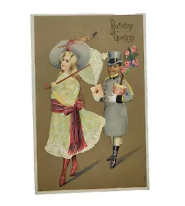 Birthday Greetings Well Dressed Woman in Hat with Parasol 1910s Postcard Used - Picture 1 of 4