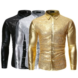 Herren Pailletten Metallic Glänzend Langarm Shirt Oberteil Bluse Tanz Show Slim Fit - Bild 1 von 16