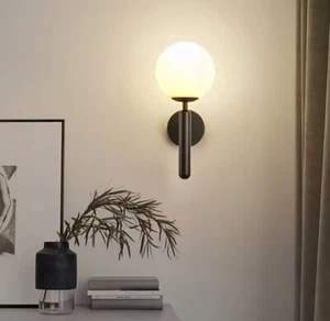 Decorative Simplistic Black Wall Light With Opal Globe Shade Warm White LED Bulb - Picture 1 of 2