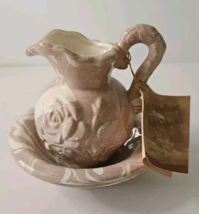 Mt Saint Helen's Ash Glas Mini Schale & Krug creme braun Wirbel Rosenmotiv Vintage - Bild 1 von 9