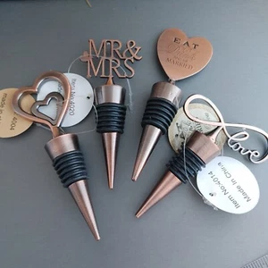 4 Copper Tone Wine Stoppers Heart Love Wedding Mr. Mrs. Theme Set - Picture 1 of 5