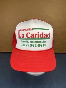 Vintage Carniceria La Caridad Truckermütze mexikanischer Fleischmarkt rot Netz Druckknopflasche - Bild 1 von 8