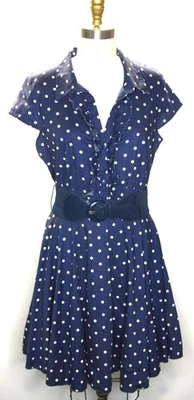 Bailey Blue XL Blue Polka Dot Swing Dress Cap Sleeves Ruffled V-Neck Tutu Belted - Image 1 of 4