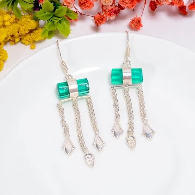 Pendientes étnicos hechos a mano de plata de ley 925 con piedras preciosas de diopsido de cromo de 2,5" c270 Foto 1 de 4