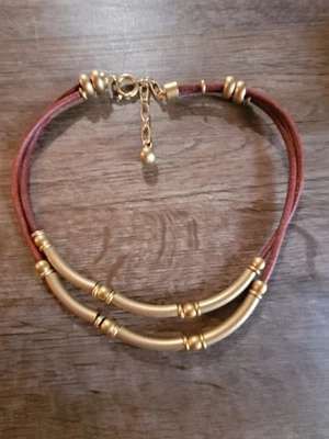 Brushed Gold Tone Necklace Red Leather Cord Spring Ring Clasp Adjustable Women's - Image 1 of 4