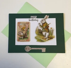 Handmade HAPPY BIRTHDAY Alice on Wonderland Card 5"x7" White Rabbit - Picture 1 of 3