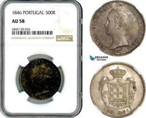 AI508, Portugal, Maria II, 500 Reis 1846, Lisbon Mint, Silver, NGC AU58 - Picture 1 of 1