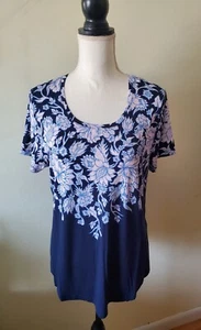 JM Collection Women's PL Top Tunic Short Sleeve Scoop Neck Floral Blue/Multi - Picture 1 of 12