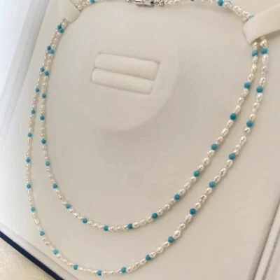 39inch Natural White AAA+ South Sea Pearl Turquoise Necklace 14k Gold P - Image 1 of 4