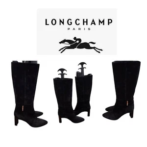 Longchamp - stivali donna Roseau con tacco nero pelle scamosciata logo bambù EU 38/7,5 - Foto 1 di 15