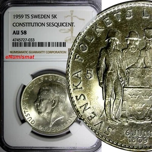 SWEDEN Silver 1959 TS 5 Kronor NGC AU58 Constitution Sesquicentennial KM# 830(3) - Picture 1 of 4