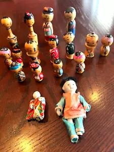 Vintage Lot of 15 Wooden Japanese Kokeshi Dolls Bobble Heads EXCELLENT COND +2 - Picture 1 of 4
