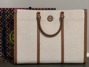 Tory Burch Blake Canvas Jumbo Tote In Natural Classic Cuoio NWT - Picture 1 of 21