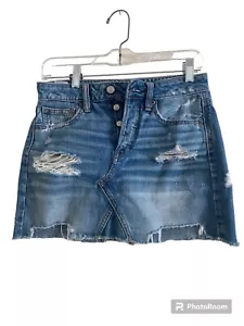 American Eagle Size 0 Skirt Jean Mini Distressed ButtonsWash Denim Blue Stretch - Picture 1 of 6
