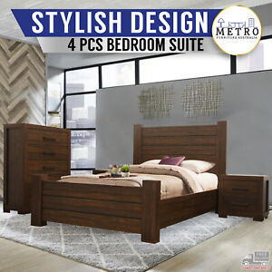 New  4 Pcs Veneer Wood Brown Queen Bedroom suite With Tallboy and Bedside Tables