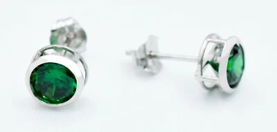 LAB CREATED 1.26 Cts EMERALD STUD BEZEL EARRINGS 14K WHITE GOLD  - NWT - Image 1 of 3