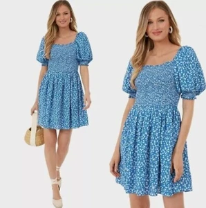Hyacinth House Tuckernuck Blue Floral Smocked Short Sleeve Mini Dress Medium NWT - Picture 1 of 9