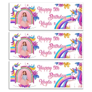 NIÑAS UNICORNIO PERSONALIZADO FELIZ CUMPLEAÑOS BANNER NOMBRE EDAD FOTO FIESTA PARED  - Imagen 1 de 1