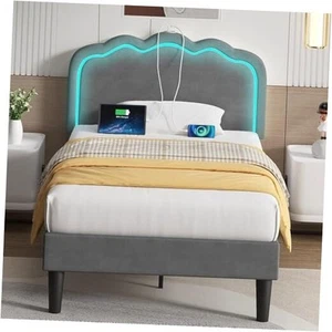 Marco de Cama Tapizado Tamaño con Cabecero Ajustable, Luces LED, Doble Gris - Imagen 1 de 7