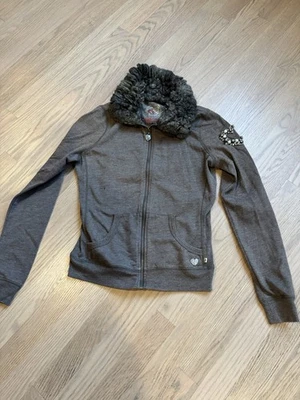 Women's Fleece Full Zipper Sweatshirt Faux Fur Collar and Embellished Heart XS - Image 1 of 4