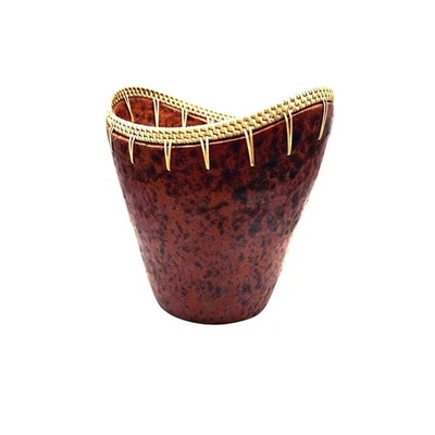 Vaso de cerâmica marrom vintage 8” feito à mão aro tecido decoração boho sudoeste - Imagem 1 de 4