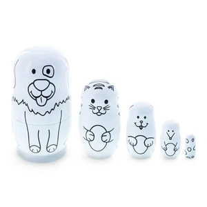 5 Unpainted Animals Wooden Nesting Dolls Matryoshka 4.75 Inches - Picture 1 of 6