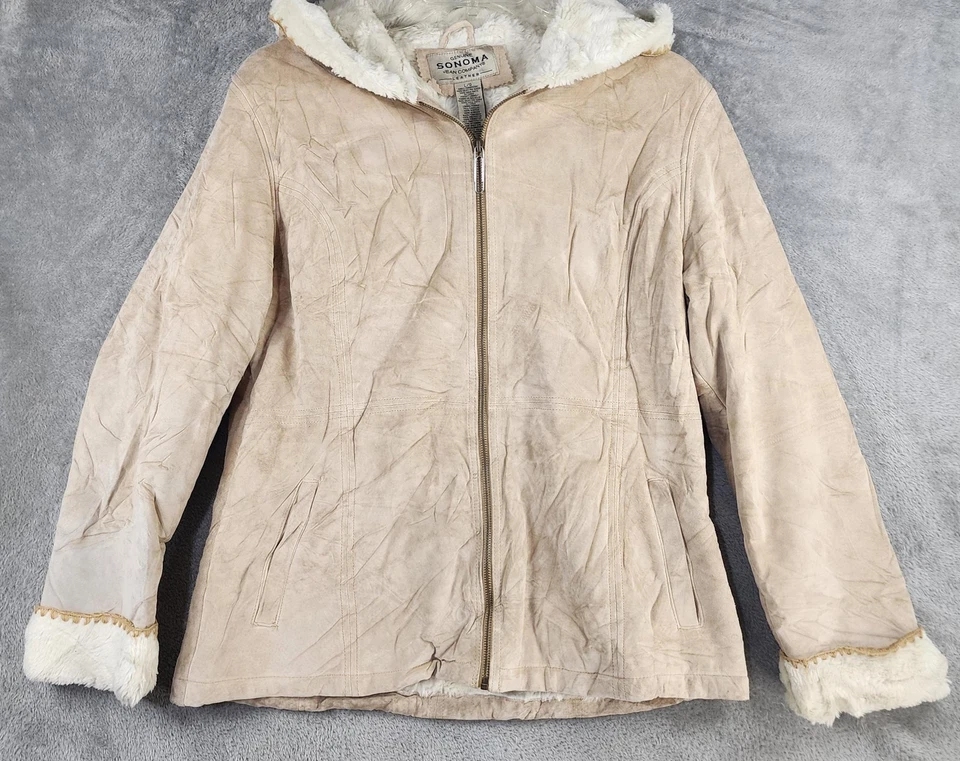 Sonoma Jean Company Leather Jacket Womens Large Tan Pig Suede Hooded Sherpa Zip - Image 1 of 4