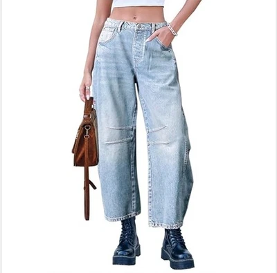 Pantalones de mezclilla para mujer Barrel talla XL holgados Y2K lavado ligero tiro medio tobillo novio grunge Foto 1 de 4