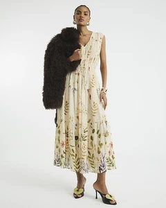 River Island Womens Midi Dress Cream Chiffon Floral Shirred Sleeveless V-Neck - Picture 1 of 11