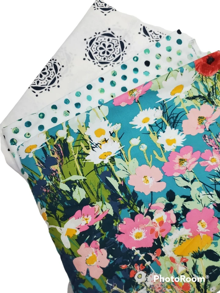 JUEGO DE 3 PIEZAS de tela de galería de arte floral algodón verde aguamarina edredón de coser artesanal cuarto de grasa Foto 1 de 1