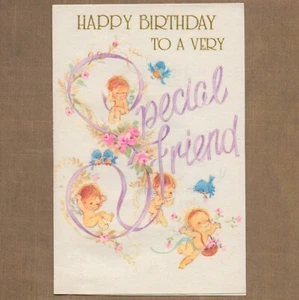Tarjeta de Feliz Cumpleaños American Greetings 1982 De Colección Sin Usar PARA AMIGOS, Bebés de Hadas - Imagen 1 de 6