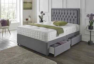 DIVAN BED SET WITH MATTRESS & HEADBOARD PLUSH VELVET BED FRAME DOUBLE & KING - Picture 1 of 7