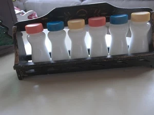 Vintage Glass Bottles with Colorful Tops Distressed Wooden Rack for Spices - Picture 1 of 5