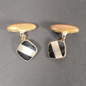 1 par de gemelos vintage TENAX laminados dorados con diseño de esmalte negro - Imagen 1 de 5