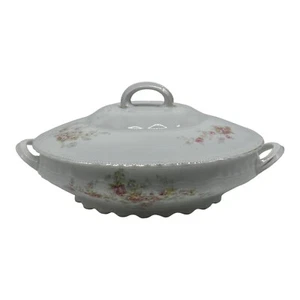 Antique Victoria Carlsbad Austria 12" Oval Covered Vegetable Bowl Pink Roses - Picture 1 of 17