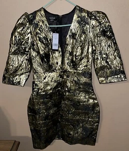 BEBE Damen Jacquard Metallic Gold & Schwarz tiefer V-Ausschnitt Partykleid-Gr. 8 Neu mit Etikett - Bild 1 von 8