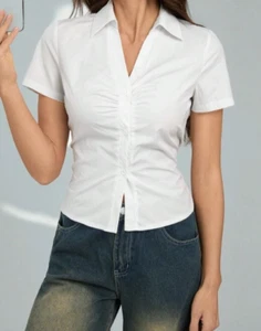 Ladies White Shirt UK 8 Fitted V-Neck Short Sleve Cotton Blend Blouse Office Top - Picture 1 of 2