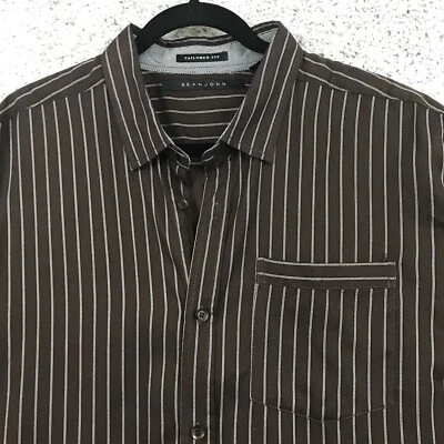 Sean John Shirt Mens 2Xl Button Up Long Sleeve Brown Striped - Image 1 of 4