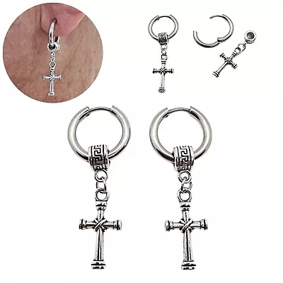 Orecchini con croce pendente da uomo in acciaio ino cerchi donna argento - Immagine 1 di 4